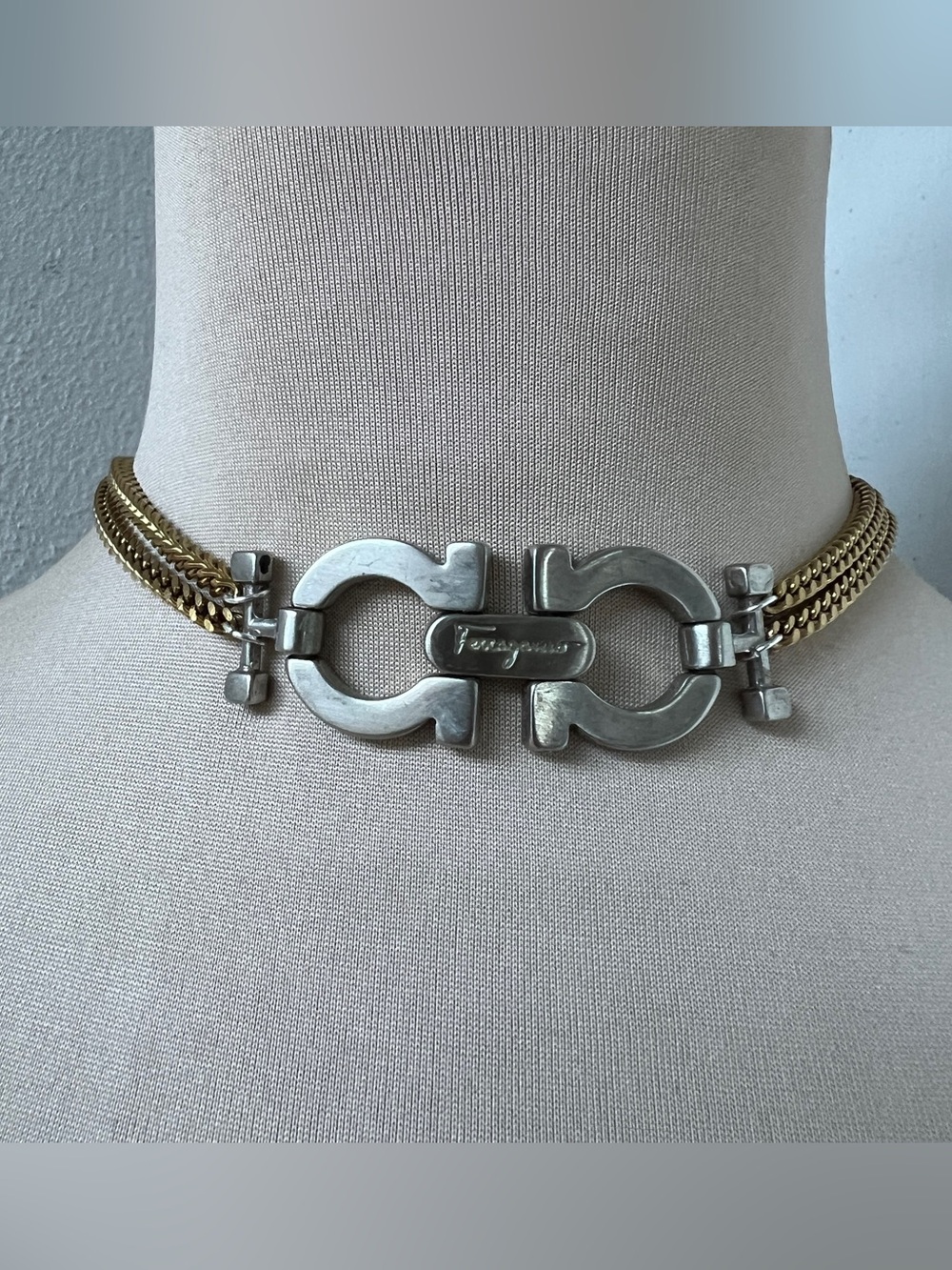 Vintage two-tone Ferragamo Hardware Necklace Upcycled Gold Silver Choker 14-16”